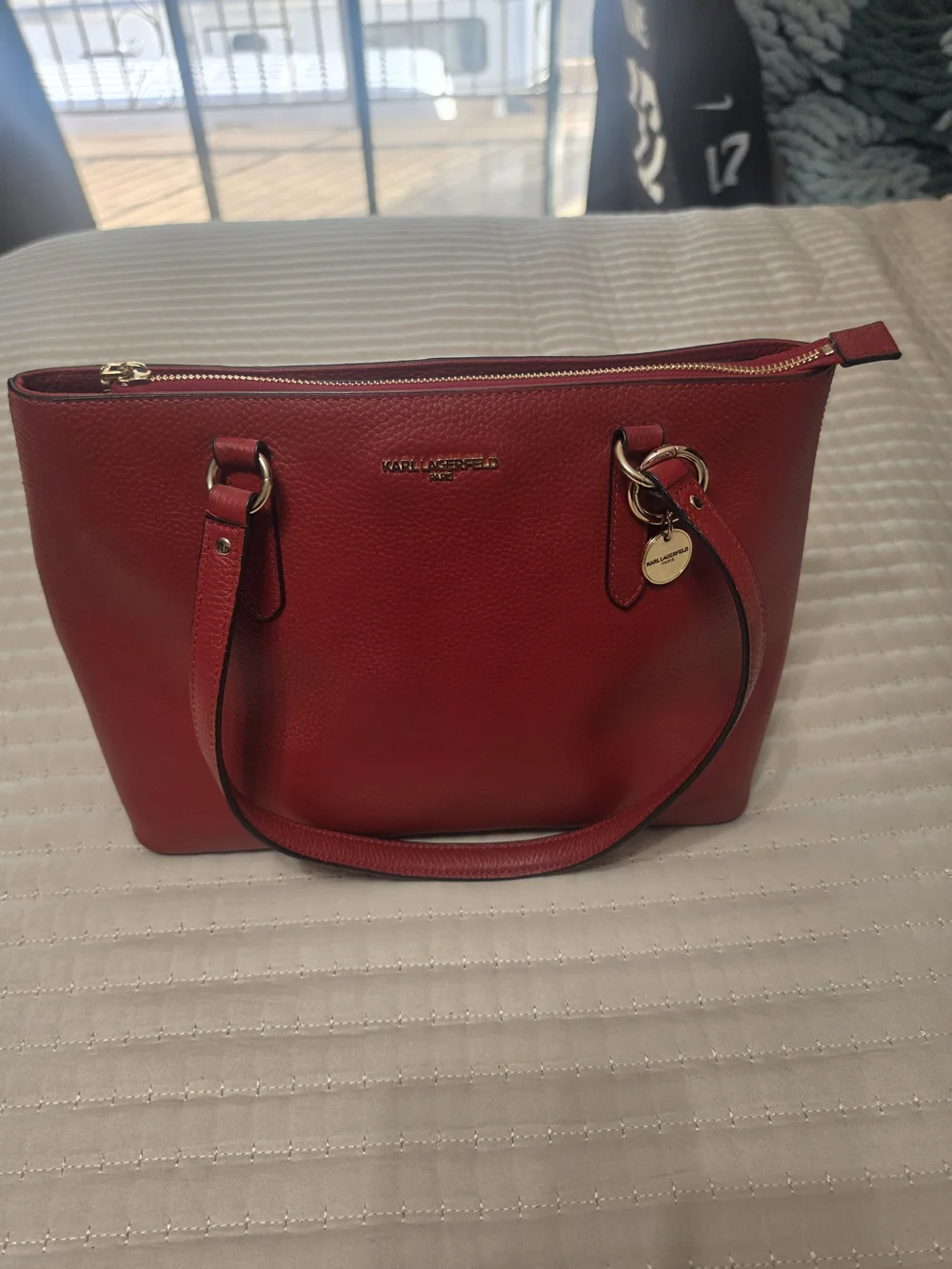 Karl Lagerfeld Red Pebbled Leather Tote with Gold Accents